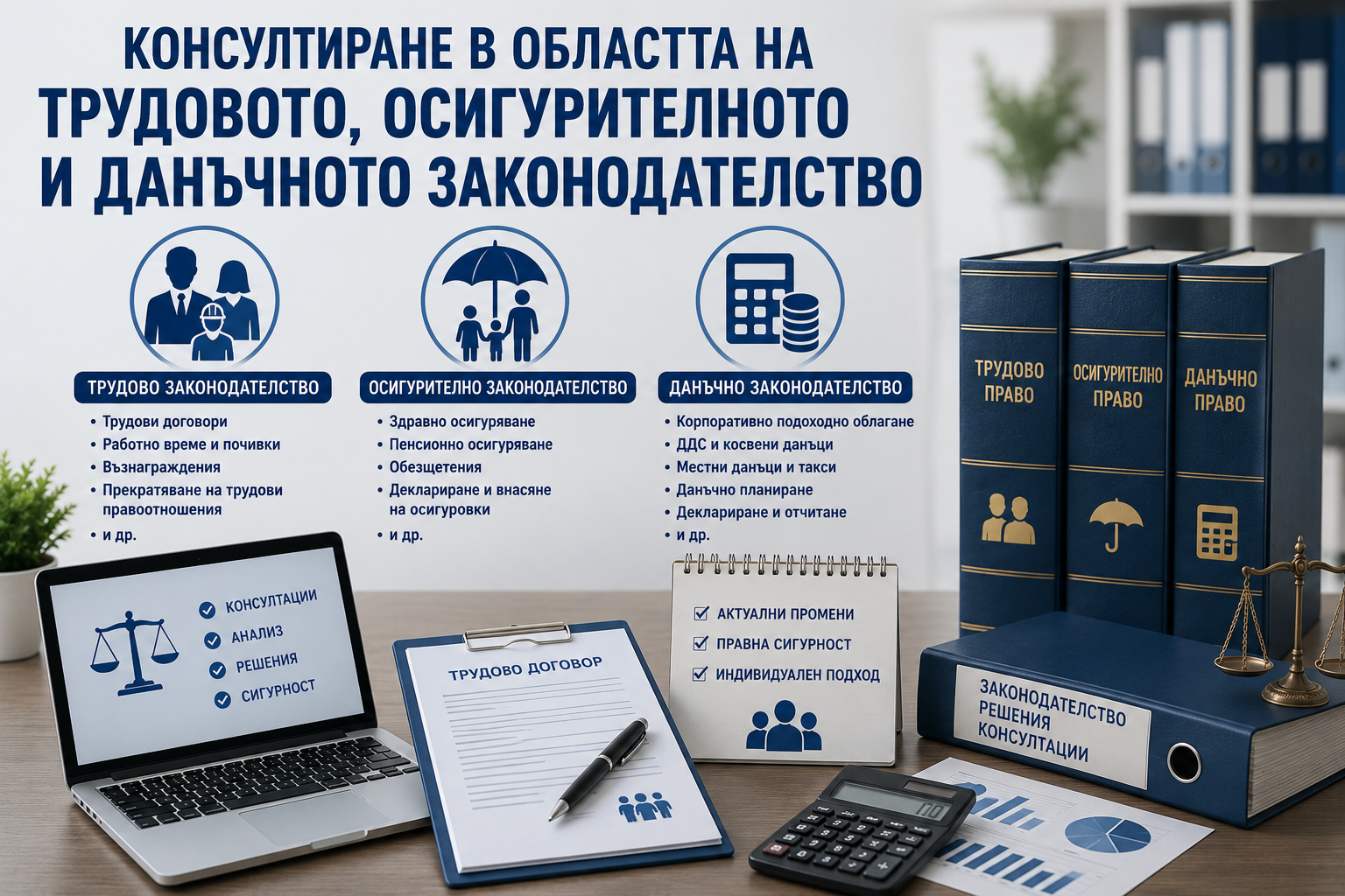 Консултиране в областта на трудовото, осигурителното и данъчното законодателство Консултиране в областта на трудовото, осигурителното и данъчното законодателство